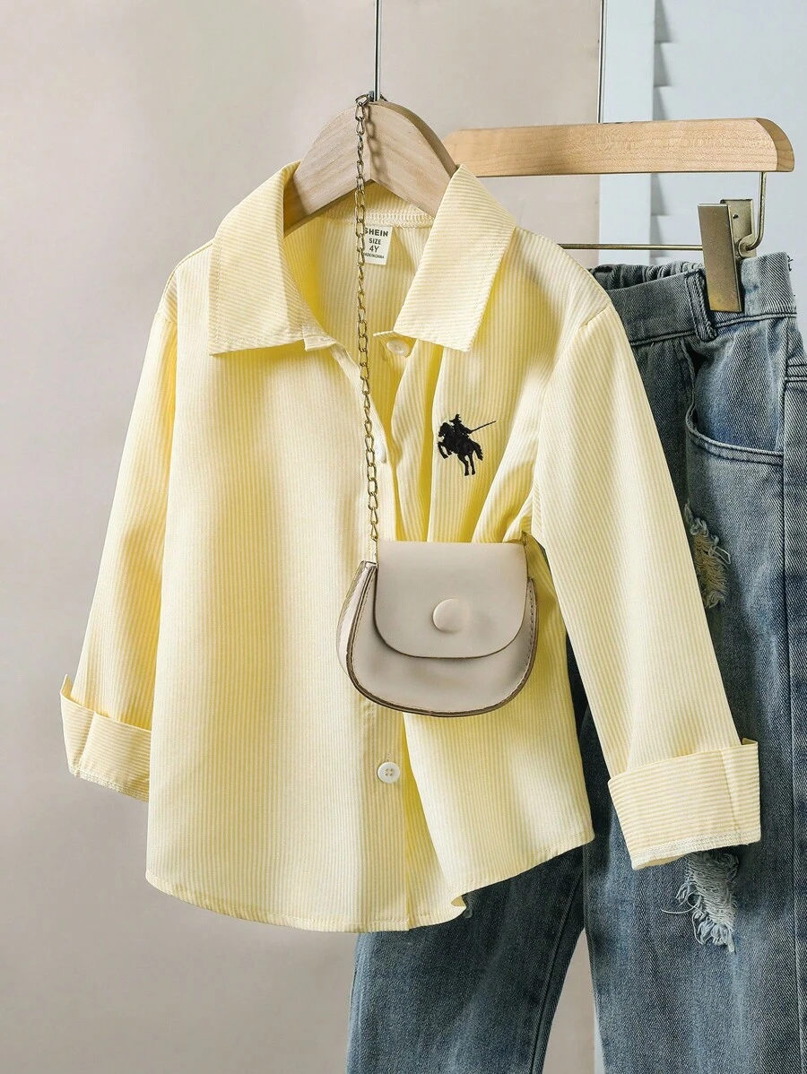 SHEIN Genkimix Kids 1 件女童翻领长袖纽扣条纹衬衫，正面绣有图案，秋季休闲上衣 - 黃色 - 查看 1