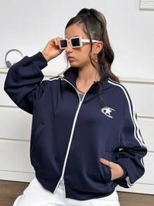 SHEIN Mädchen Zip-Up Jacke aus luftigem gestricktem Material mit Streifenbesatz, Kragen, dickem Stoff, Schulanfang Look, Herbst/Winter