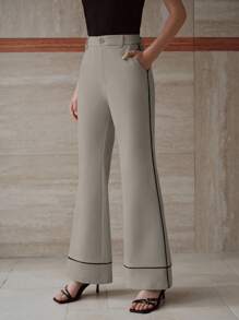 MOTF PREMIUM Quần ống loe ống tương phản - Màu Xám nhạt - Xem 5