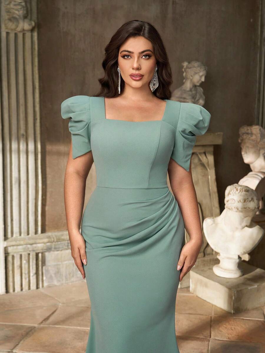 Aureia 大码优雅浪漫灰绿色方领花瓣袖腰部褶饰美人鱼下摆伴娘礼服