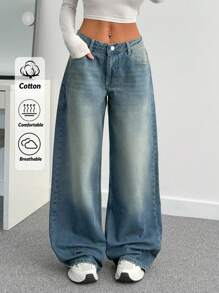 EURMUSE Women's Low Waist Pocketed Wide Leg Loose Casual Versatile Jeans - Medium Wash - View 1