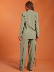 NYA SZN 上衣长袖纽扣领西装外套深 V 领多口袋早午餐特殊场合婚礼宾客新娘派对度假春夏亚麻女装 - 綠色 - 查看 2