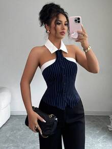 Selianne Women's Fashion Black & White Striped Halter Backless Blouse - Navy Blue - View 3