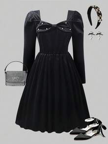 Elegant Formal Navy Blue Autumn Girls Snug Fit Velvet Long Dress,Exquisite 3D Bow Pearls Diamonds Fashion Commuter Prom Party Graduation Dress - Black - View 5