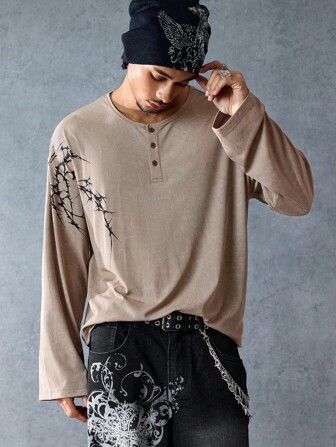 Goth Maglietta casual a maniche lunghe con vestibilità ampia e versatile per uomo