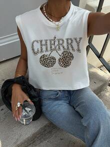 Siren Gaze Top court sans manches à imprimé léopard rétro avec motif cerise, débardeur décontracté à col rond convenant pour l'été