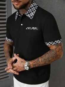 Manfinity CasualCool 男士休闲格子拼布 Polo 衫，时尚男士黑色短袖 Polo 衫，纽扣前襟，常规版型运动外观，经典黑色涤纶 Polo 衫，格子领和短袖，男士黑色 Polo 衫，格子领细节，常规版型短袖运动格子点缀黑色 Polo 衫，老钱风格 - 黑色 - 查看 3