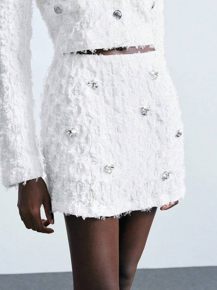 SHEIN Maija 2025 Women's White Rhinestone Embellished Skirt Business Casual,Fall Clothes For Women, Autumn Clothes, Winter Clothes,  Halloween, Christmas Women's Clothing,  Party, Elegant Party Dresses, Wedding Guest Dress For Women, White Skirt, Claw-Set,Beauty