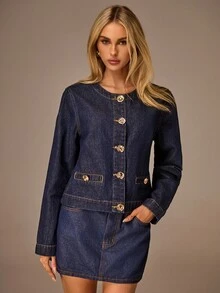 Avantive 女士时尚休闲圆领纽扣牛仔夹克