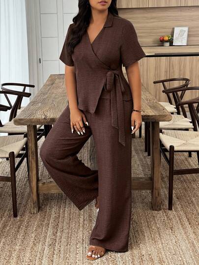 Weeklong Plus Size Women Solid Color Wrap Tie Front Top And Shorts Casual 2 Pieces Set