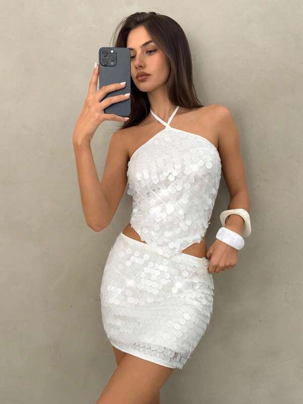 Aloruh 白色亮片露背挂脖背心，性感夏日