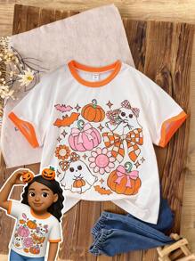 Girls' Halloween & Easter Party Cute Ghost Pumpkin Candy Graphic Funny Short Sleeve T-Shirt - Multicolor - View 5