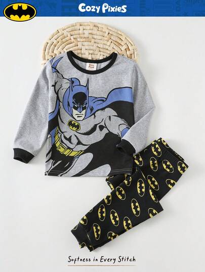 SUPERMAN X Cozy Pixies Pojke med tecknat mönster, stickad mjuk rund halsringning och långärmad topp och resår i midjan, långbyxor i 2 delar, åtsittande pyjamasset