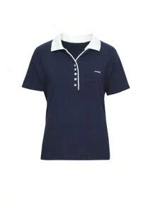DAZY Women's New Small Collar Colorblock Short Sleeve POLO Shirt - Navy Blue - View 8