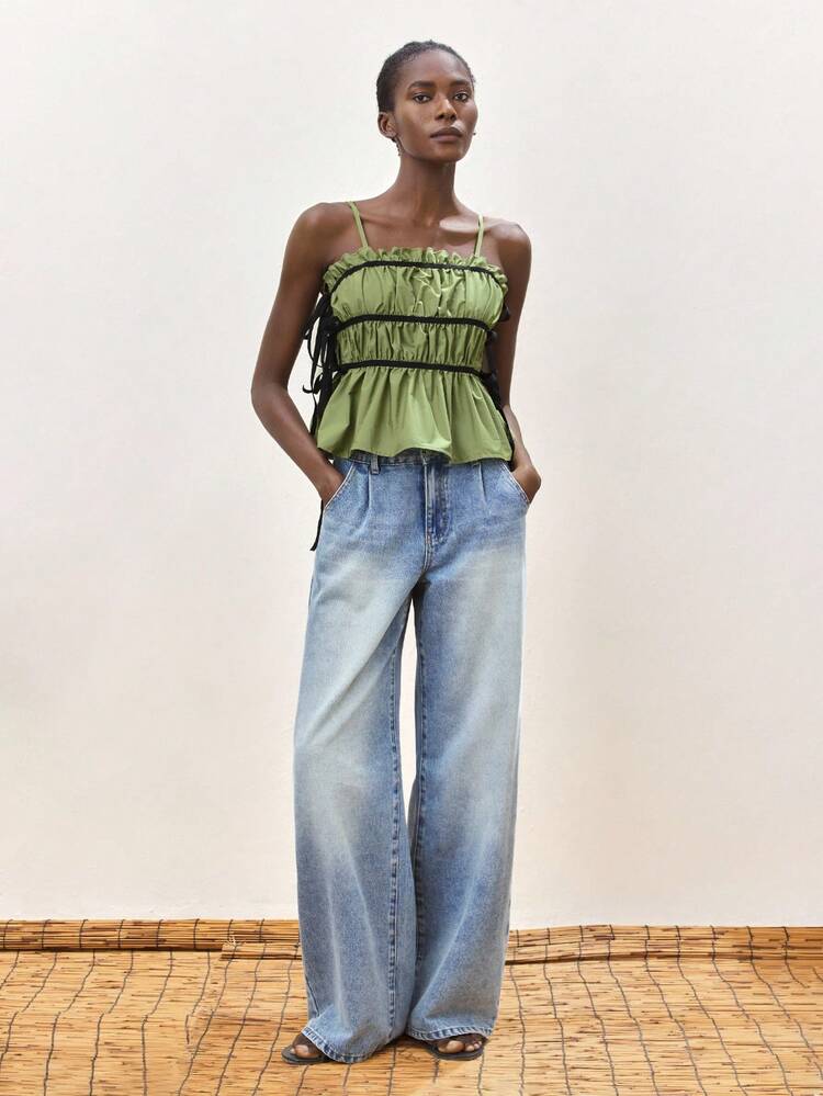 SHEIN Maija Top de tirantes con volantes y lazo lateral, ideal para vacaciones
