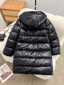 SHEIN 1pc Teen Girl Black Casual Outdoor Solid Color Thickened Hooded Long Jacket With Pockets, Autumn/Winter Fall - Black - View 2
