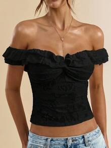 SHEIN BAE Women's White Textured Knit Open Shoulder Double Ruffle Front Twist Bodycon Top, White Blouse, Summer Top Black Tops,Valentine's Day,Valentine Outfits For Women - Black - View 4