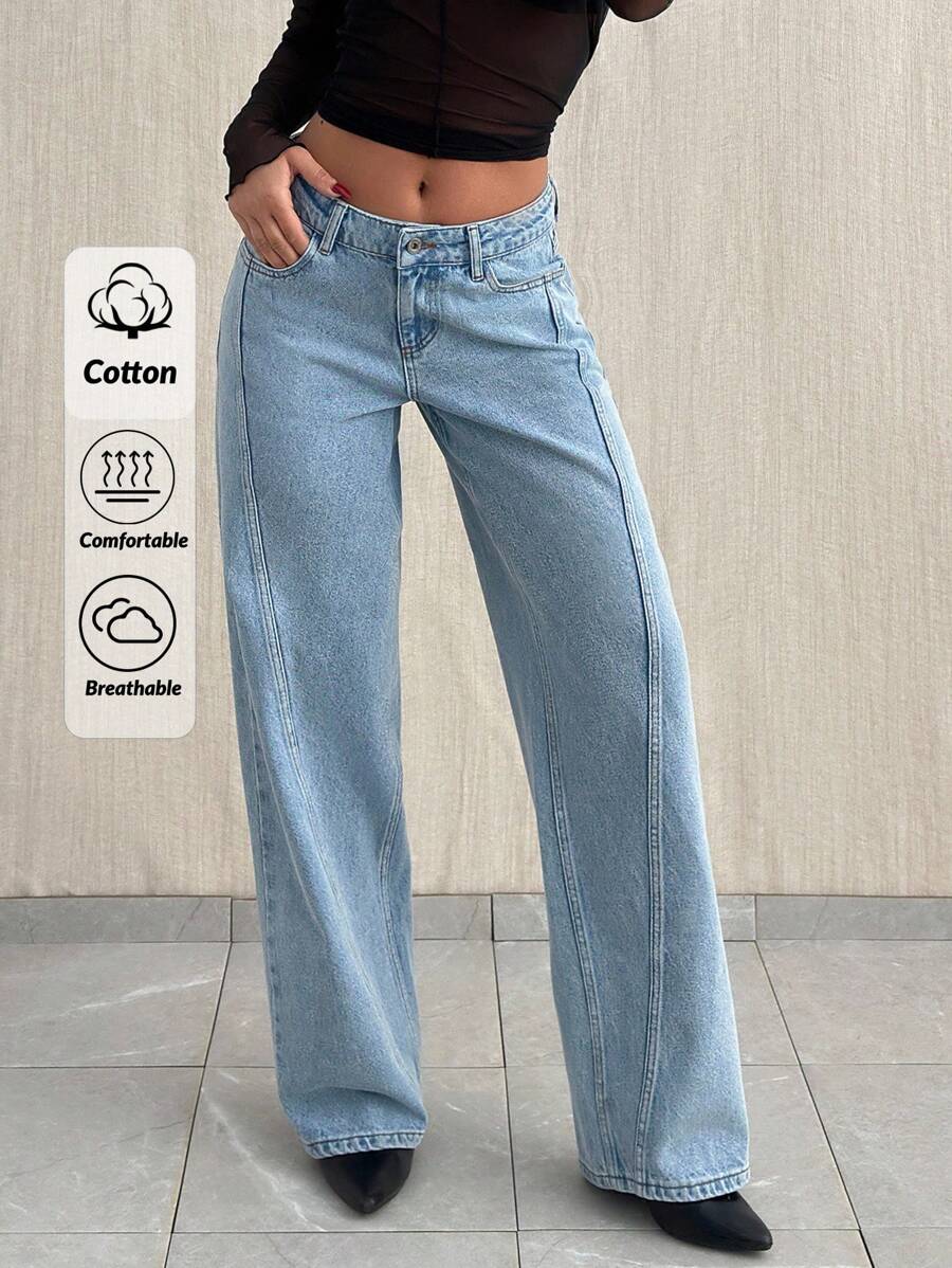 EURMUSE LOW WAIST SEAM DETAILED LOOSE STRAIGHT LEG JEAN - Light Wash - View 1