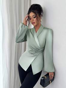 Elenzga 女式秋季编织不对称荷叶边收腰灯笼袖优雅休闲衬衫 - 綠色 - 查看 4