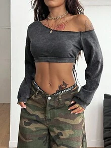 Coolane 女式秋季简约 Y2K 休闲街头风基本款棉质弹力水洗垃圾脏污不对称领口长袖短款 T 恤 - 黑色 - 查看 5