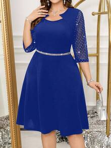 Reflora Plus Size Women's Rhinestone Mesh 3/4 Sleeve Elegant Dress - Royal Blue - View 1