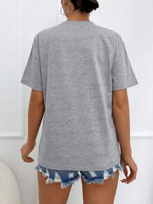 EURMUSE 100%Cotton T-Shirt With Flower Embroidery, Round Collar - Grey - View 2