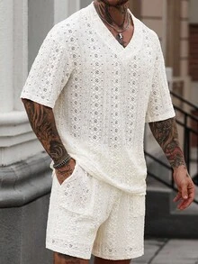 Manfinity CasualCool 男士针织纹理图案白色T恤套装 - 白色 - 查看 3