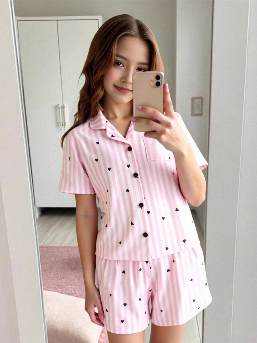 2 件套青少年女孩黑色爱心和粉白条纹短袖上衣和短裤休闲舒适睡衣套装睡衣短裤套装返校时尚