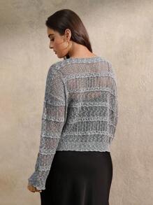 Juhart Áo len dệt kim cổ tròn khoét lỗ màu trơn dành cho nữ cỡ lớn thời trang thu đông - Xám - Xem 2