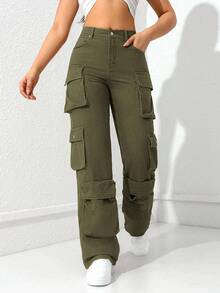 Jeanoix Women's Multi-Pocket Straight Leg Casual Jeans - Army Green - View 4