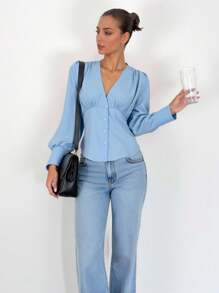 Franclia 女士长袖单排扣褶裥衬衫，腰部收褶设计，适合大学穿着 - 藍色 - 查看 8