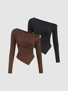 Sweetra Áo thun nữ Y2K cổ lệch gợi cảm khóa kim loại, đa năng khi đi làm, Thu/Đông - Nhiều màu - Xem 3
