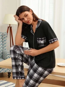 Lazeform Setelan Piyama Atasan dan Celana Panjang Lengan Pendek Berkerah Kotak-kotak Klasik untuk Wanita - Hitam - View 3
