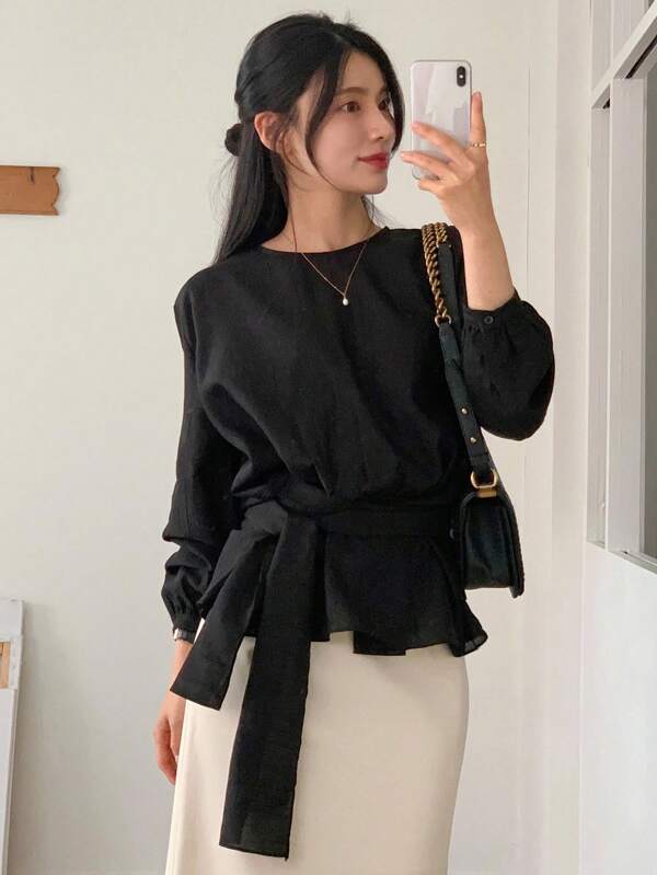 DAZY Women's Tie Waist Loose Pullover Long Sleeve Shirt Fall Tops