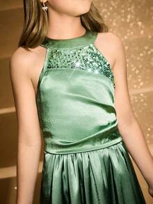 Elegant Sage Green Summer Wedding Dress For Tween Girls,Flower Girl Prom Evening Party Gown - Green - View 3