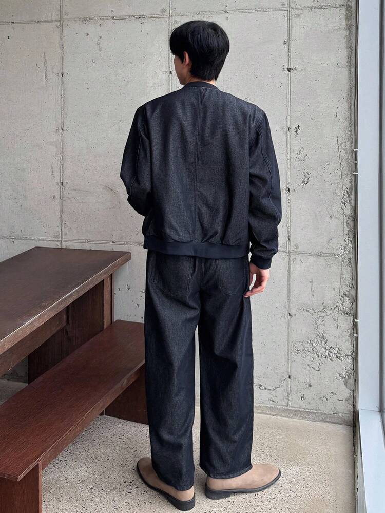Navy Blue Men's Long Sleeve Single-Breasted Baseball Collar Jacket And Pants Casual Denim Suit, Autumn