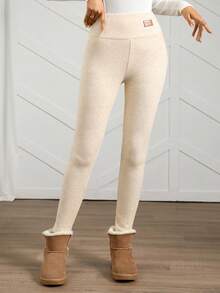 Easowa Women's Beige Thermal Lined Leggings, Autumn/Winter Cream Leggings Knit Leggings Leggings Women Leggings Ankle Leggings Women Bottoms Long Pants Women Warm Leggings High Waisted Leggings Winter Women Clothes - Apricot - View 1