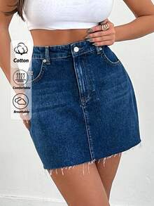 SHEIN Cottnline Váy mini denim cạp cao giặt thường ngày, mùa hè - Rửa tối - Xem 1