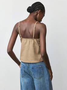 Maija 女式卡其色无袖吊带设计性感露背牛仔上衣 - 棕色 - 查看 2