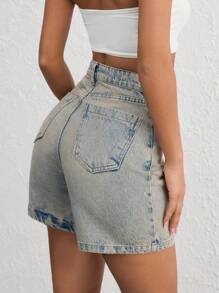 EURMUSE WOMEN VINTAGE WASH HIGH WAIST DENIM SHORT Y2K STYLE - Light Wash - View 2