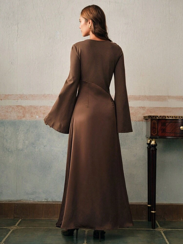 Women's Elegant Round Neck Flare Sleeve Knit Patchwork Woven Dress, Solid Brown Color