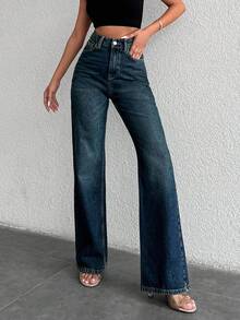 EURMUSE 99%Cotton Zipper Fly Straight Leg Jeans - Dark Wash - View 3