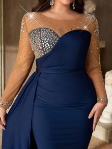 Aureia Plus Size Elegant Minimalist Blue Mesh Sheer Long Sleeve Luxurious 3D Rhinestone Pleated Front Draped Asymmetric Hem Dress, Suitable For All Formal Occasions, Galas, Ceremonies - Blue - View 1