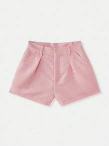 lacRébo Shorts de tweed rosa con pinzas delanteras, shorts de negocios casuales para salir, primavera verano - Rosa - Ver 9