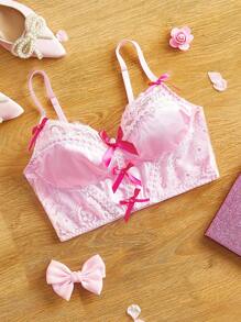 FairyFlirt Pink Satin Lace Patchwork Contrast Bow Decor Cute Sweet Lingerie Bra, Suitable For Vacation & Party - Pink - View 6