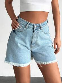 SHEIN MINI DENIM SHORT WITH CHERRY EMBROIDERY, Minimalist & Fashionable, Suitable For Summer - Light Wash - View 2
