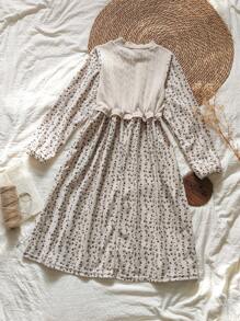 Vintaside Kids Mädchen Khaki gestricktes Jacquard Patchwork Cord Blumen Vintage Landhaus Stil Kleid