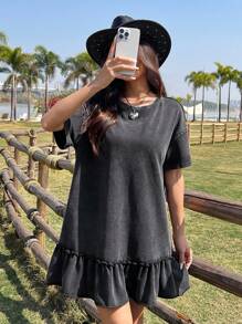 Comfortcana 大码女式夏季圆领短袖荷叶边下摆休闲连衣裙 - 黑色 - 查看 4