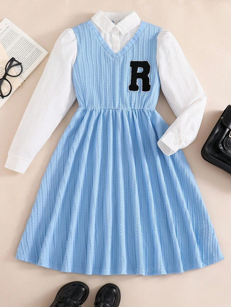 SHEIN Explorewe Girls'light Blue Minimalist Collegiate Style Waist Cinched 2 In 1 Knit Long Sleeve Dress,Cute Autumn School Back-To-School Children's Campus Outfit - Multicolor - View 1