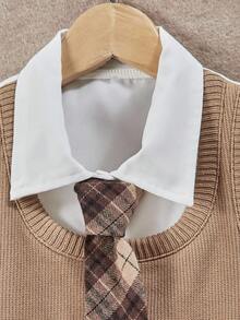 SHEIN Casuvi Kids 2pcs Young Girls Knitted Vest Shirt Combo With Vintage Plaid Pleated Skirt, Fashionable Outfit For Daily, School, Commute Girls School Uniform Outfit Plaid Skirt Outfit Toddler Back To School Outfit Toddler First Day Of School Outfit Girl Cute Toddler School Outfits Fall Winter - Multicolor - View 5